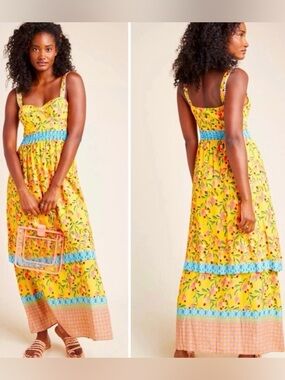 FARM RIO 🍌 Anthropologie Tropical Anjou Cashew Yellow Layered Maxi Dress NWT